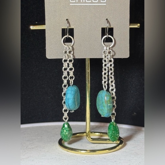 Chico’s Silver Tone Dangling Faux Aquamarine Earrings 3 inch approx - Picture 2 of 8